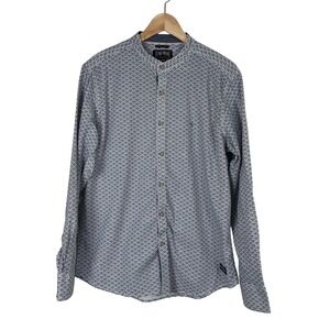 Flying Machine Mens Blue White Wave Print Mandarin‎ Collar Button Down Shirt L